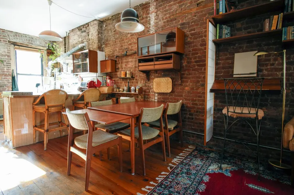 Cozy, rustic kitchen with wooden furniture.