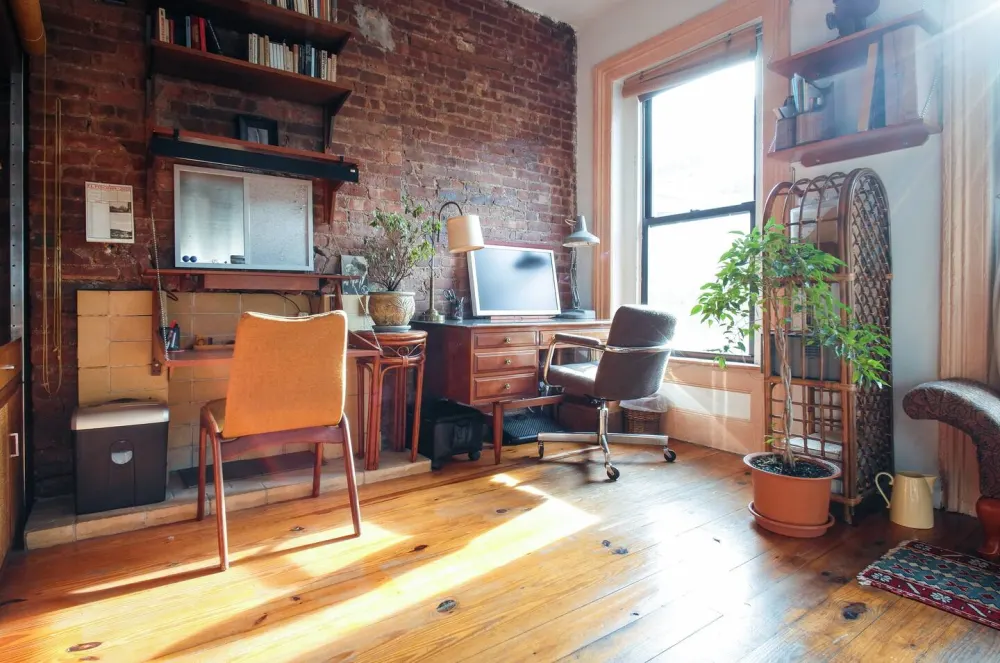 Cozy workspace with brick walls.
