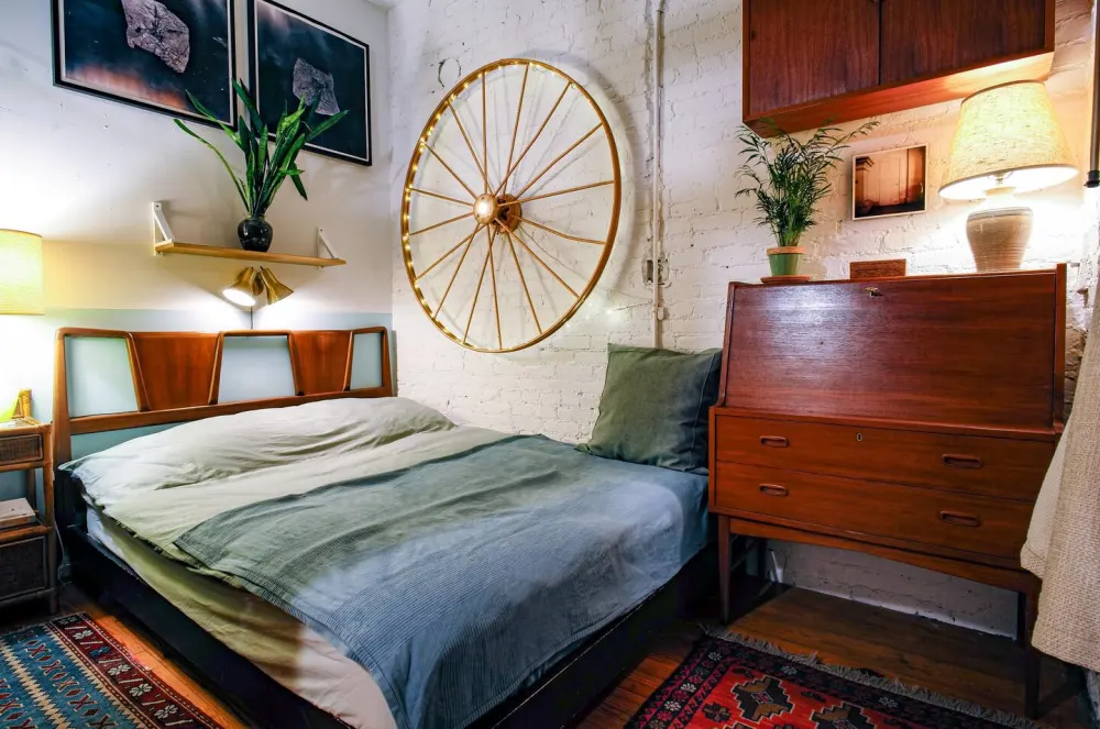 Cozy bedroom with rustic decor.