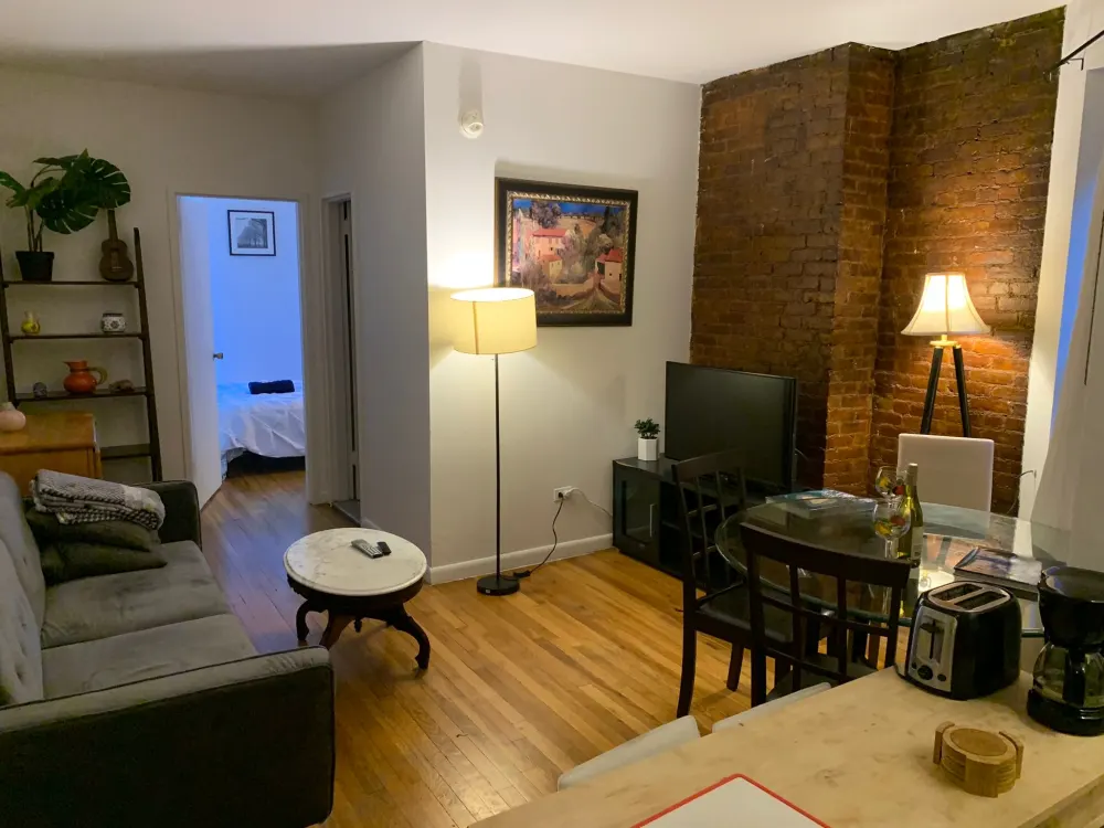 Cozy living area with brick