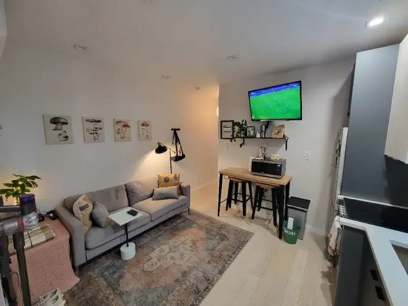 Cozy studio living area, kitchenette