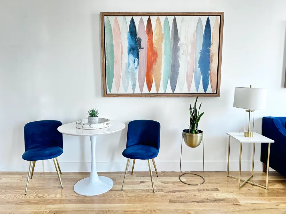 Cozy seating area with plants.