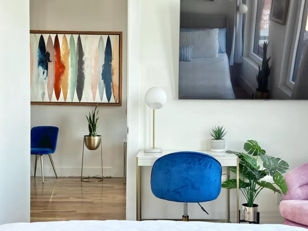 Modern room with vibrant decor.