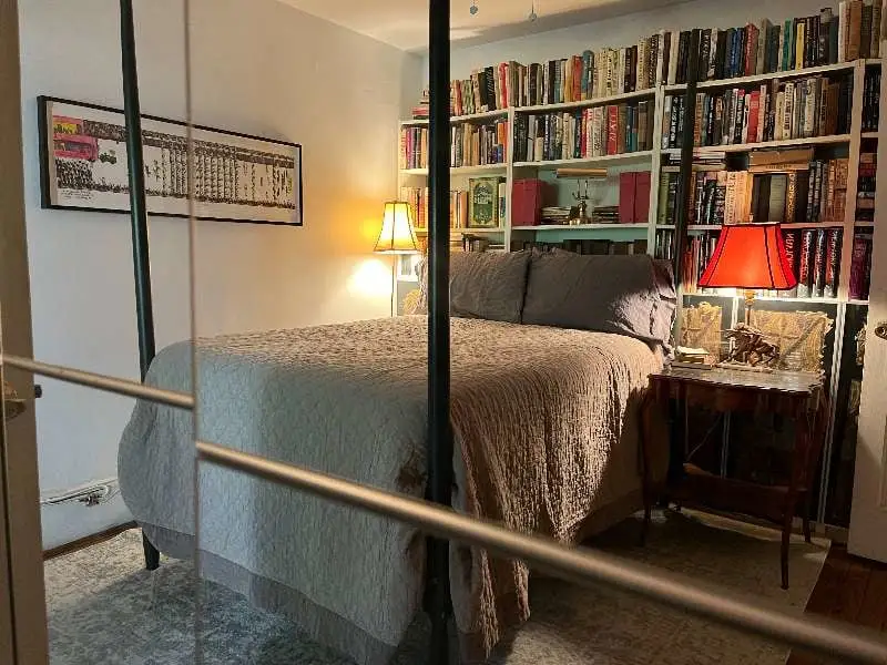 Cozy bedroom with floor-to-ceiling bookshelves