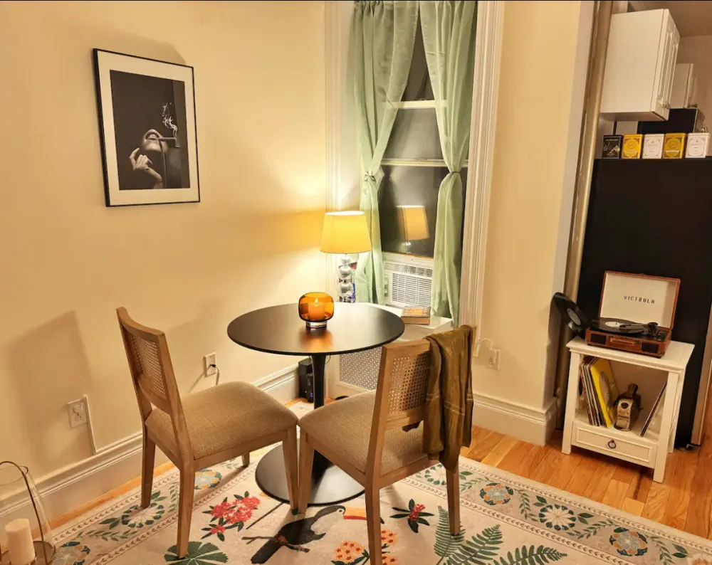 Cozy dining nook with decor.