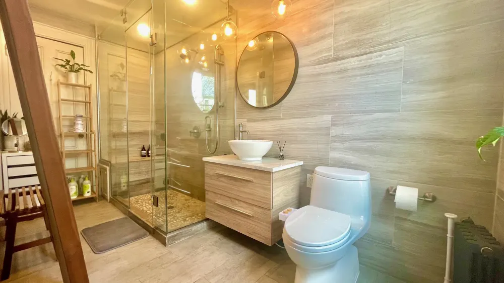 Modern bathroom with glass shower.