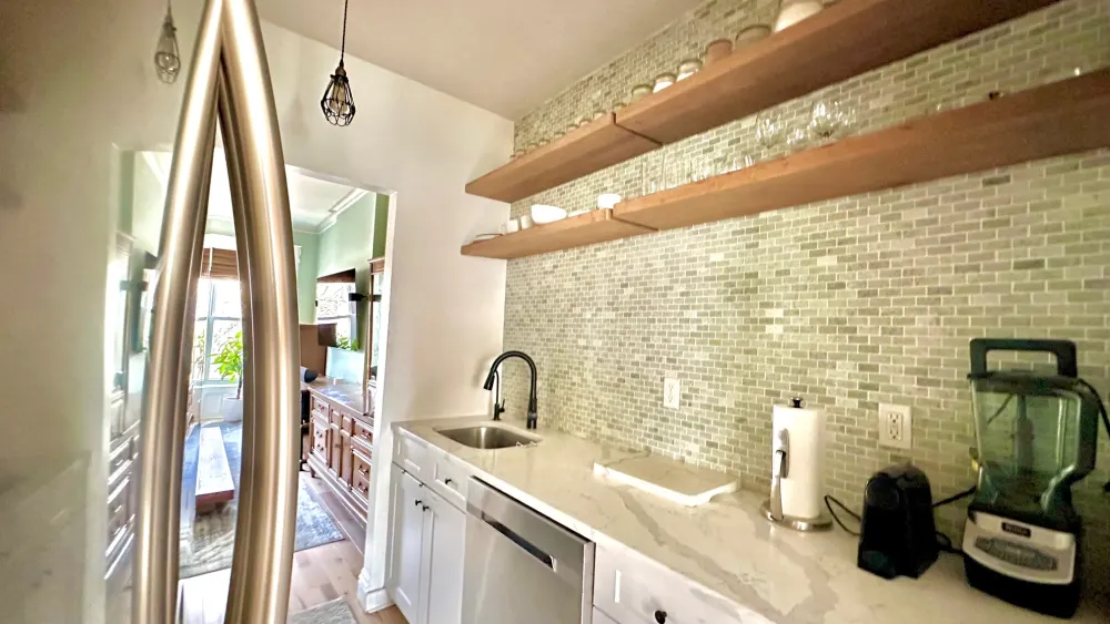 Modern kitchen with open shelving.