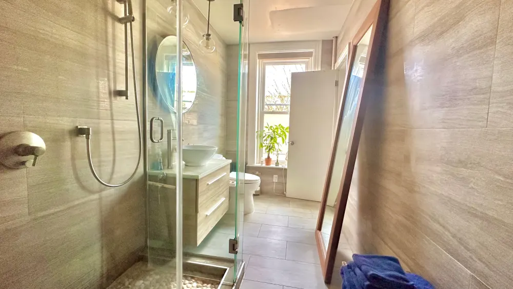 Modern bathroom with glass shower.