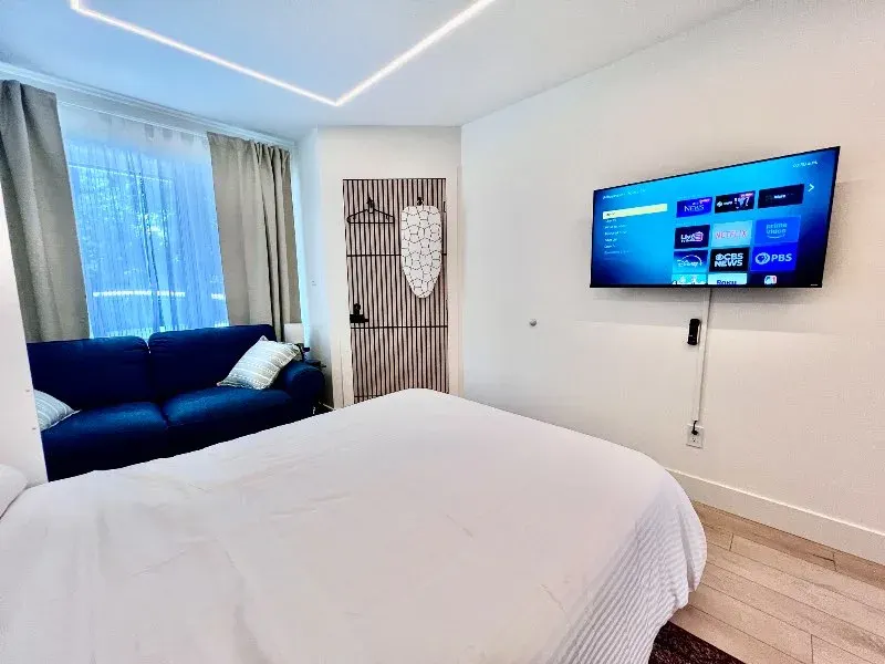 Bright modern bedroom with sofa