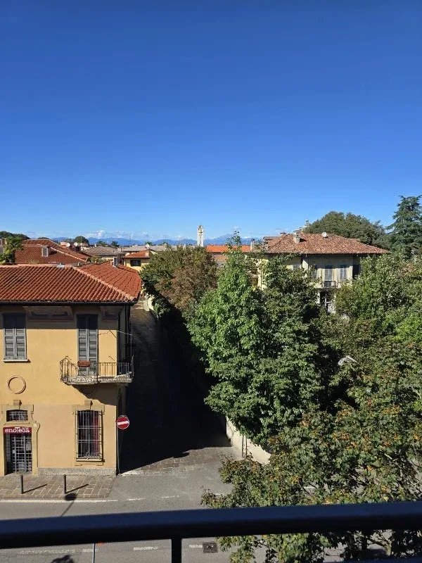 Red-tiled rooftops, trees, blue sky
