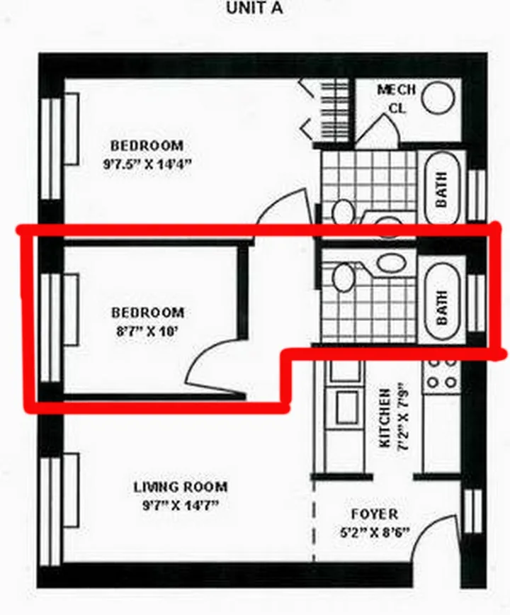 Two-bedroom apartment layout blueprint.