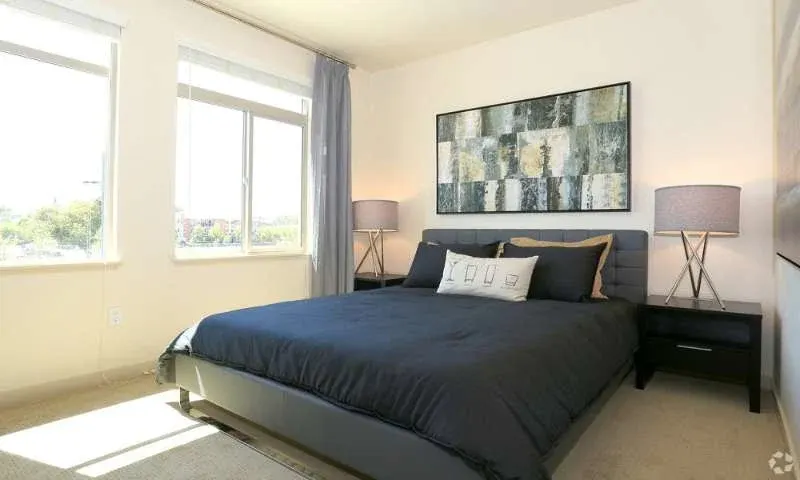 Bright bedroom with dark linens