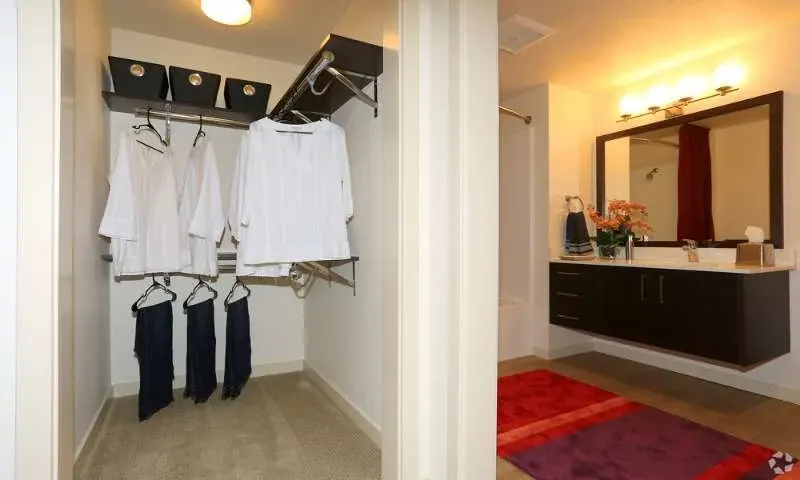 Bright walk-in closet and bathroom