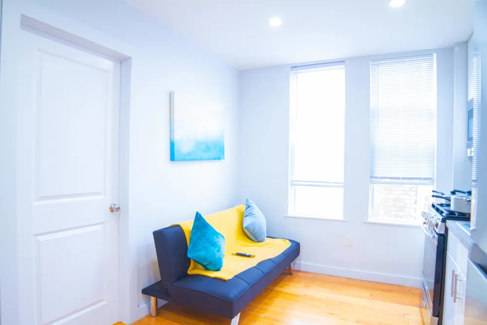 Bright, cozy living area kitchen.