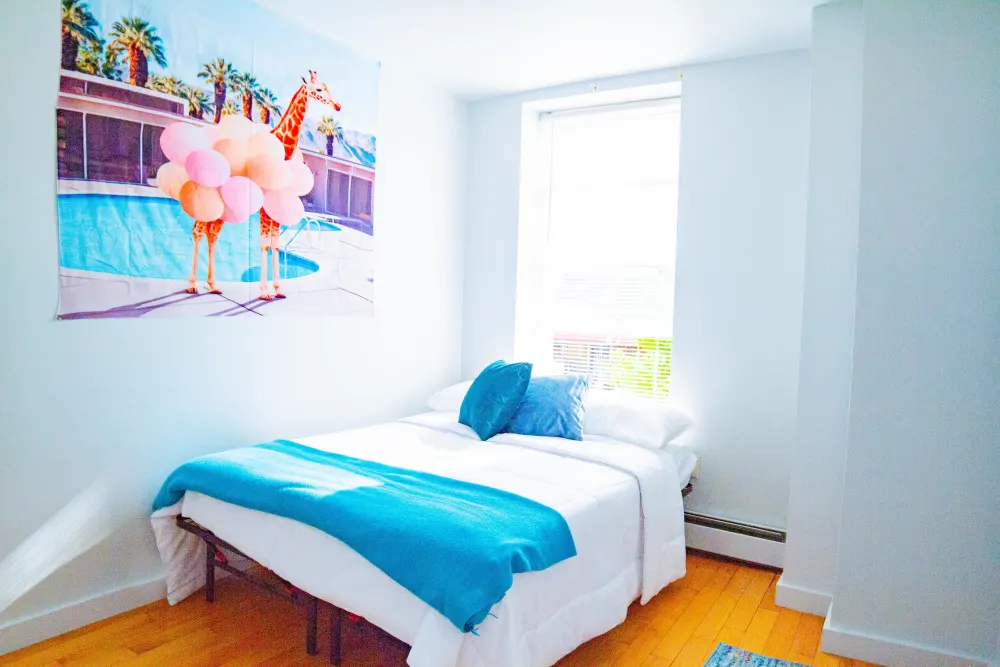 Bright bedroom with playful decor.