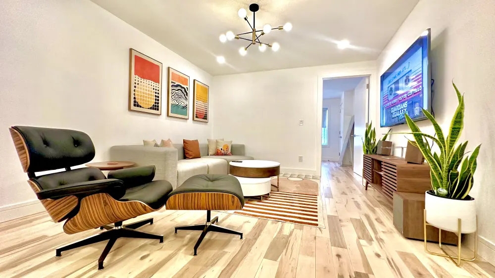 Modern living room with vibrant decor.