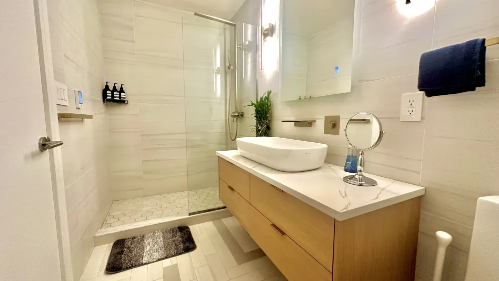Modern bathroom with minimalist design.