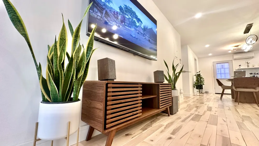 Modern living room with wooden furniture.
