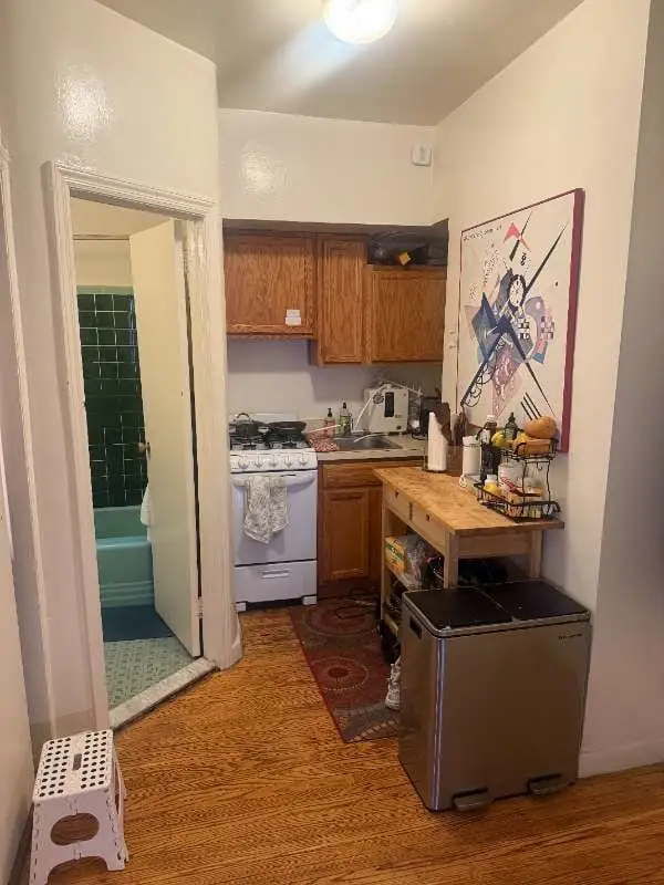 Compact kitchen with wood cabinets