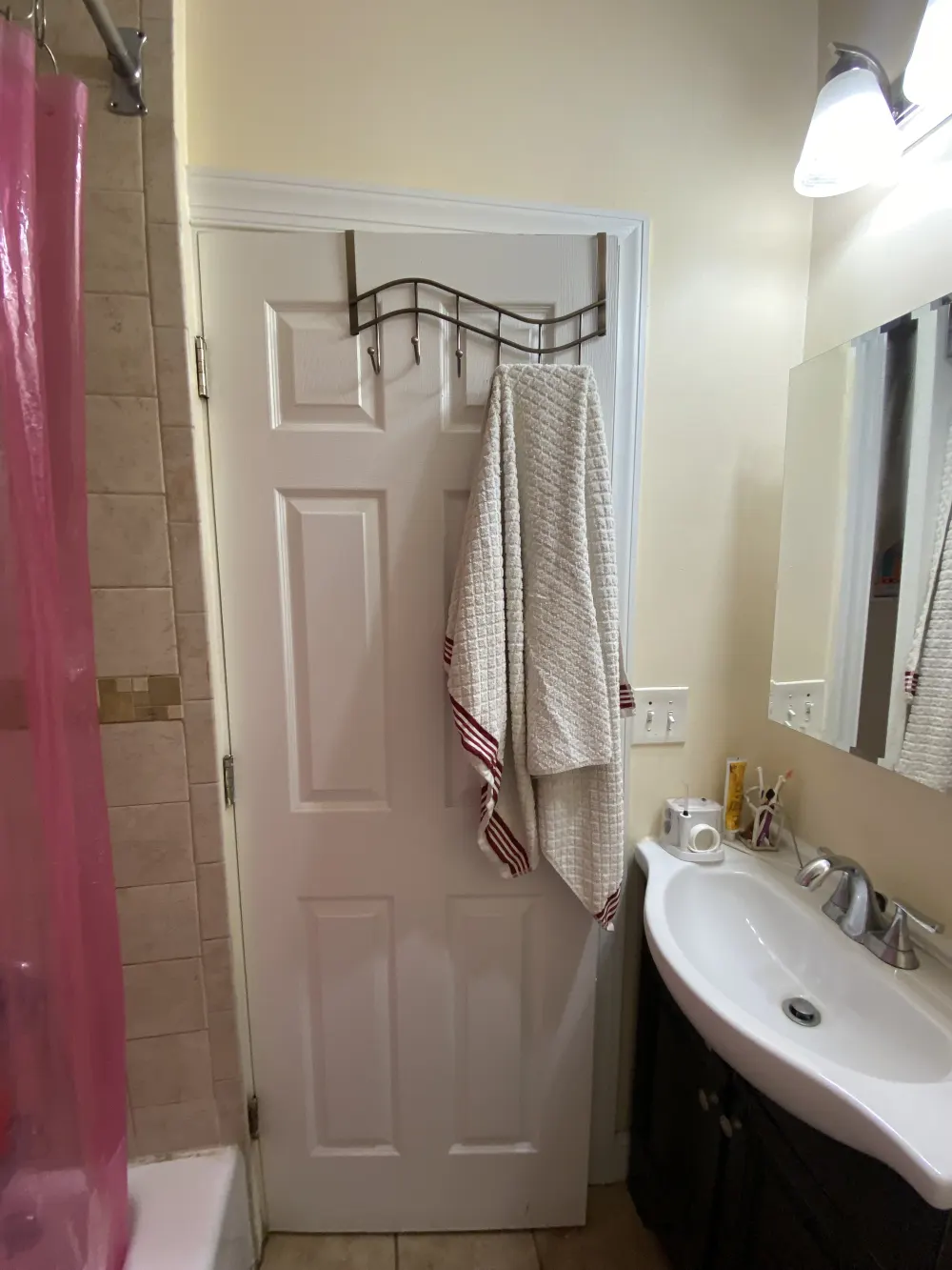 Bathroom with pink shower curtain.
