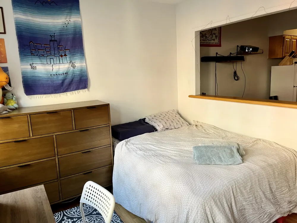 Cozy bedroom with wooden furniture.
