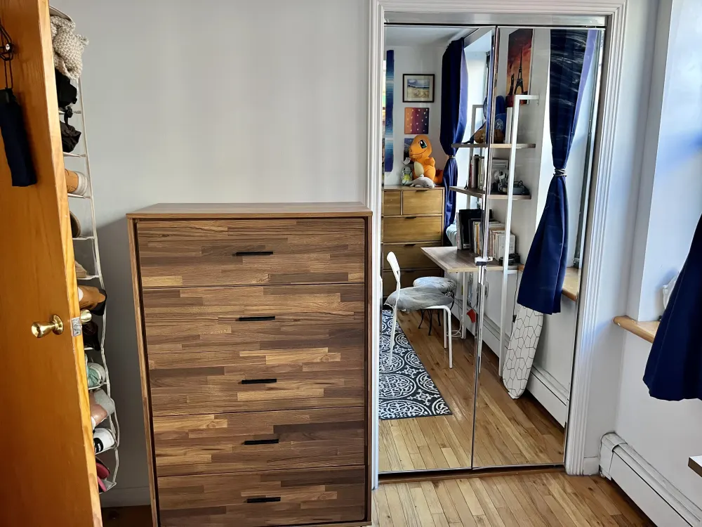 Modern bedroom with wooden dresser.