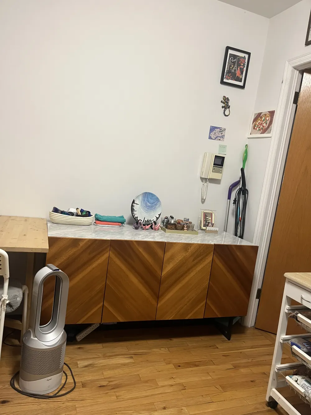 Modern living room with wooden furniture.