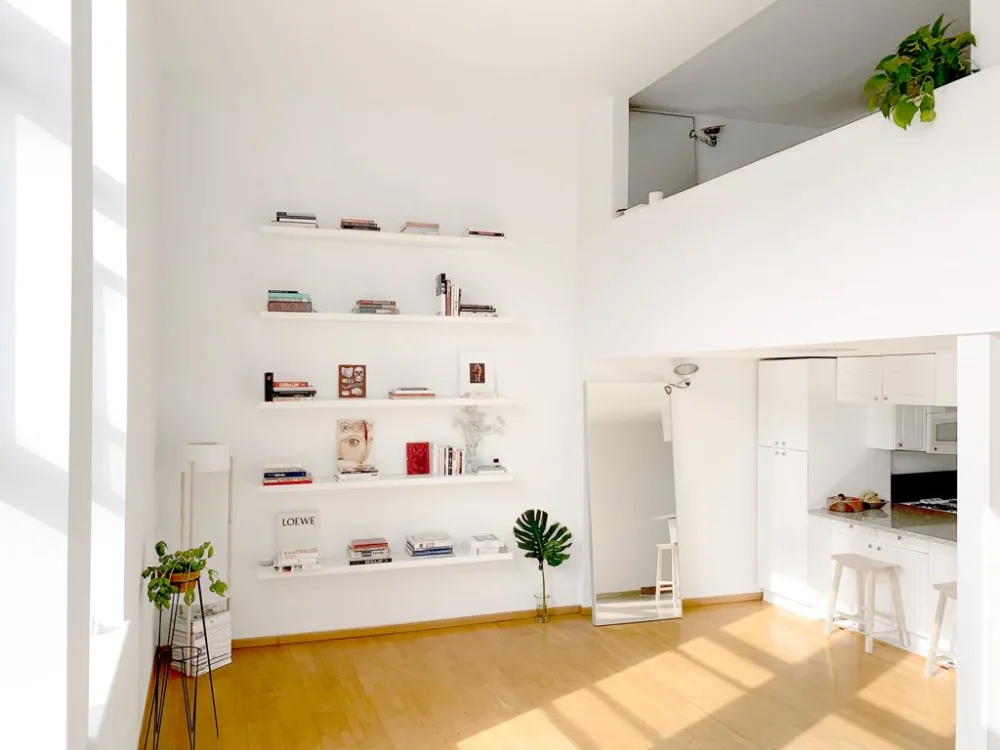 Bright minimalist loft with bookshelf.