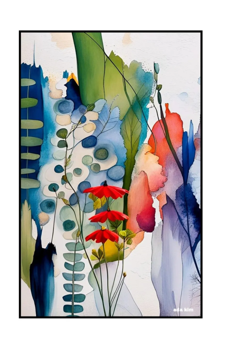Abstract botanical watercolor with vibrant colors.