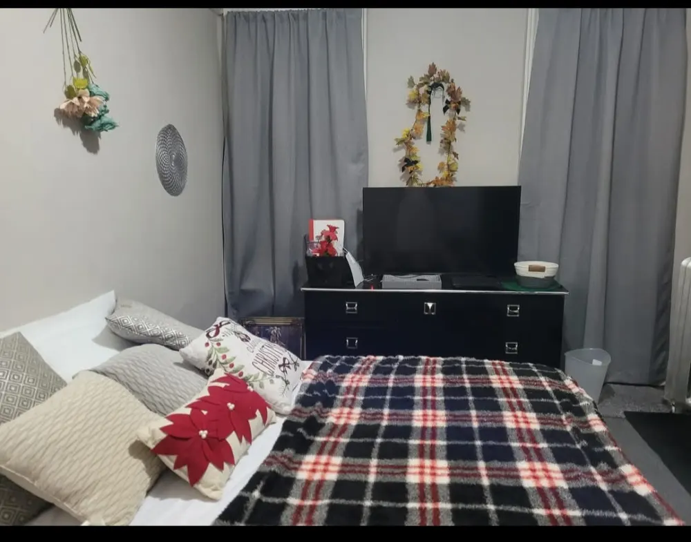 Cozy bedroom with plaid blanket