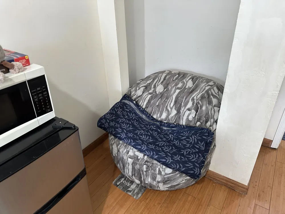 Bean bag with blanket nestled.