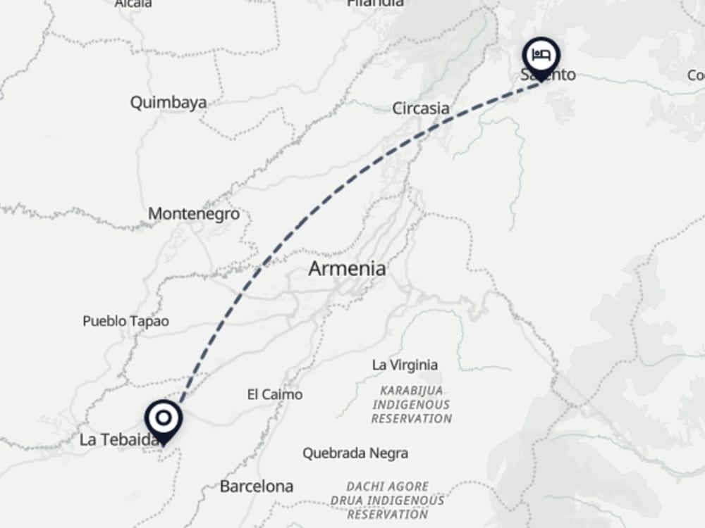 Map showing route from Armenia Airport to Color San Gabriel