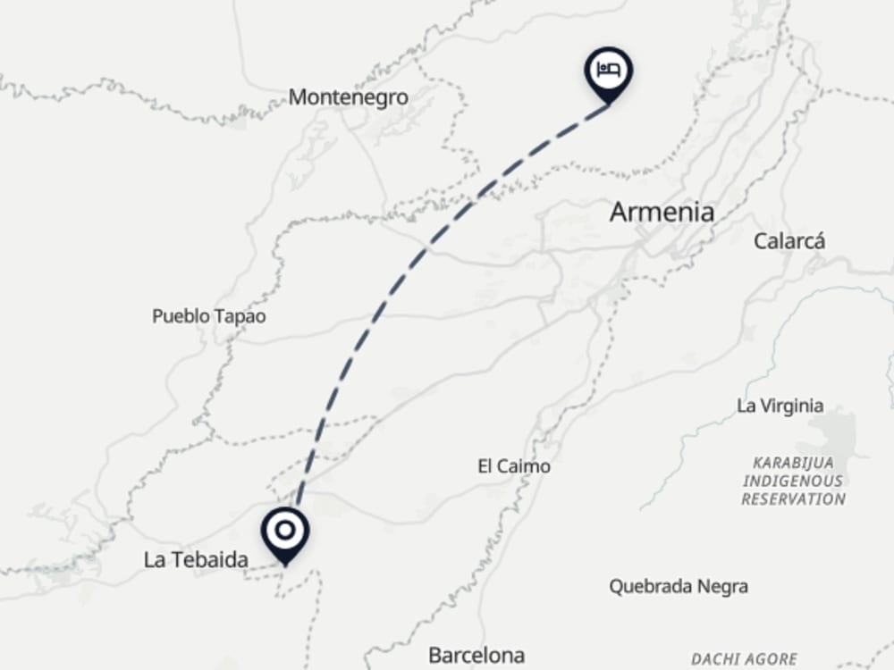 Map showing route from Armenia Airport to Finca la Perla Hotel Boutique