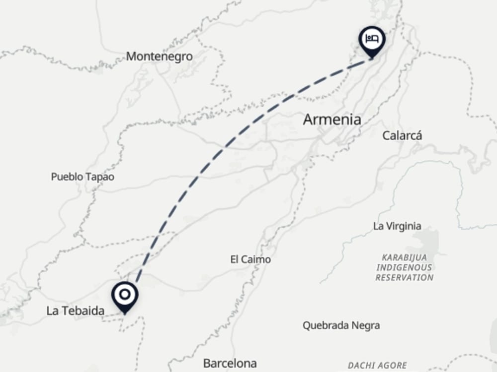 Map showing route from Armenia Airport to Finca Waja San Alejo