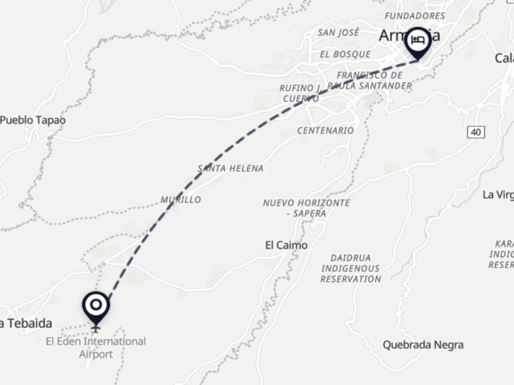 Map showing route from Armenia Airport to Mountain Hotel los Guaduales