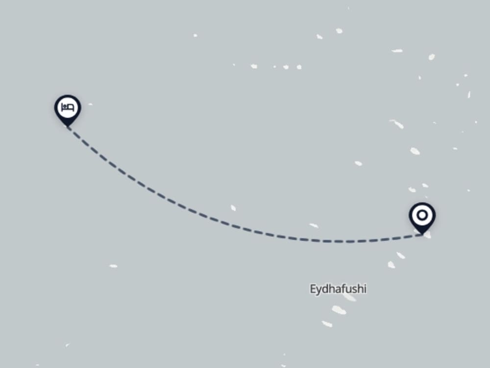 Map showing route from Baa Atoll Airport to Avani+ Fares Maldives Resort