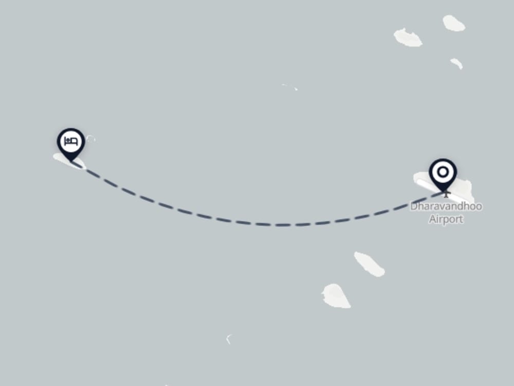 Map showing route from Baa Atoll Airport to Royal Island Resort & Spa