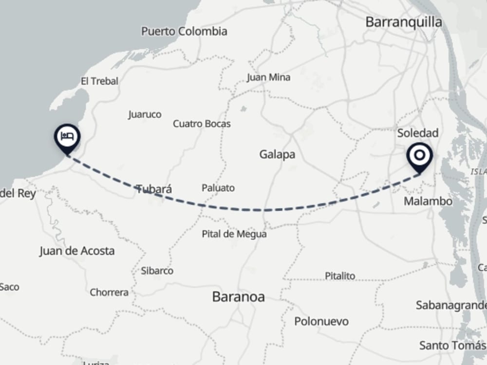Map showing route from Barranquilla Airport to Villa la Caleña
