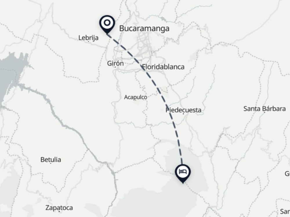 Map showing route from Bucaramanga Airport to Hacienda El Roble