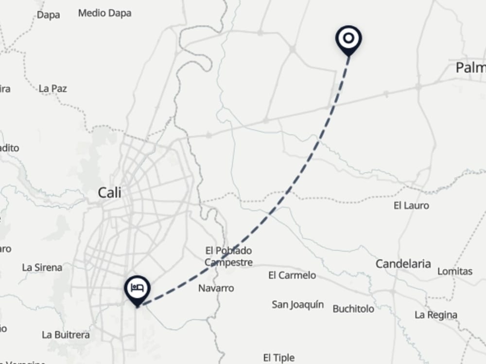 Map showing route from Cali Airport to Aparta Hotel Jardines del Caney