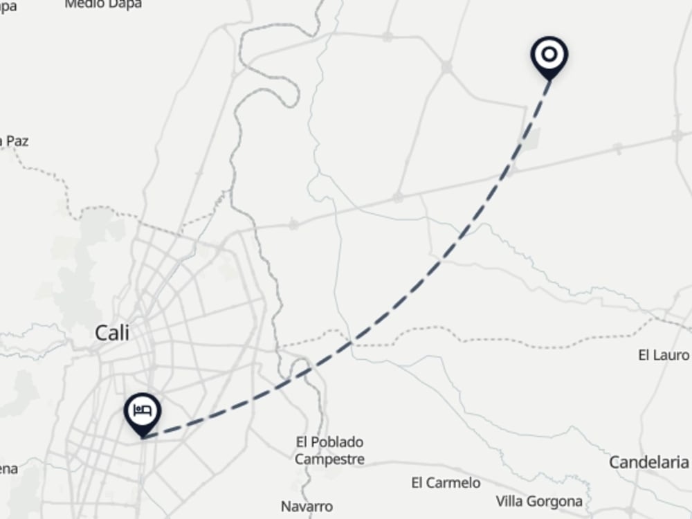 Map showing route from Cali Airport to Harmony House Cali