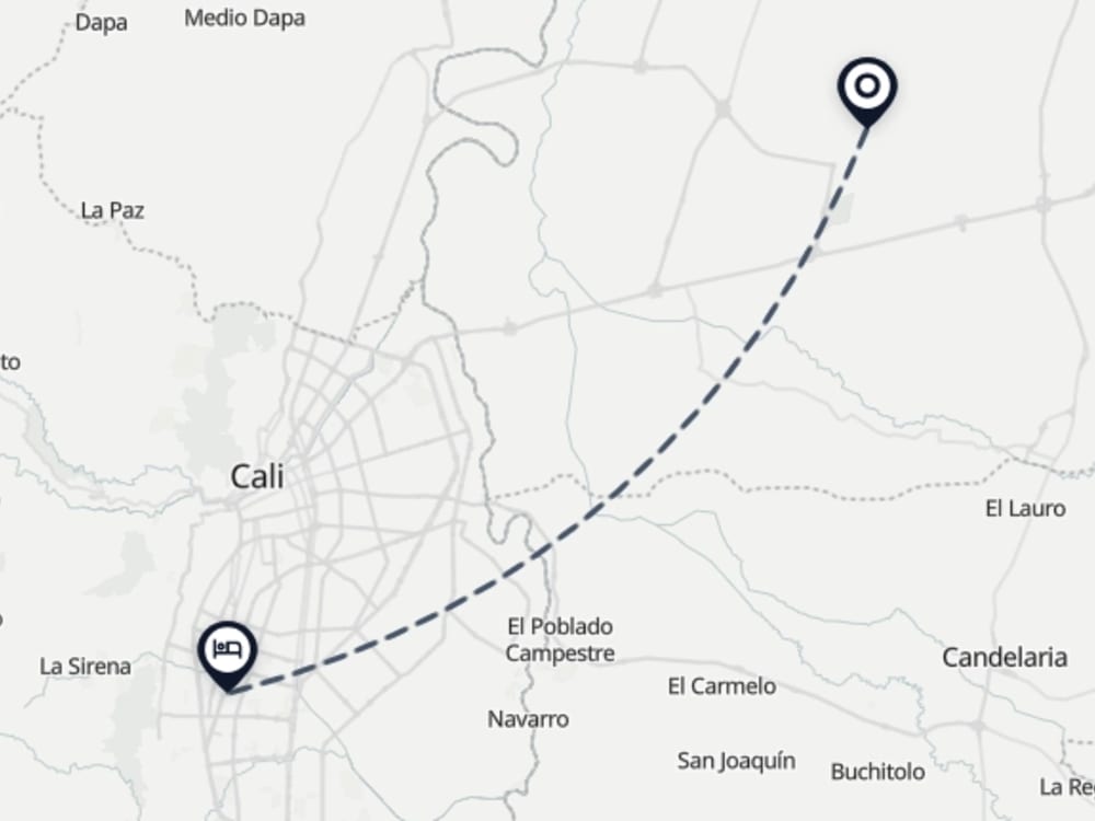Map showing route from Cali Airport to Suitable Rest and Art
