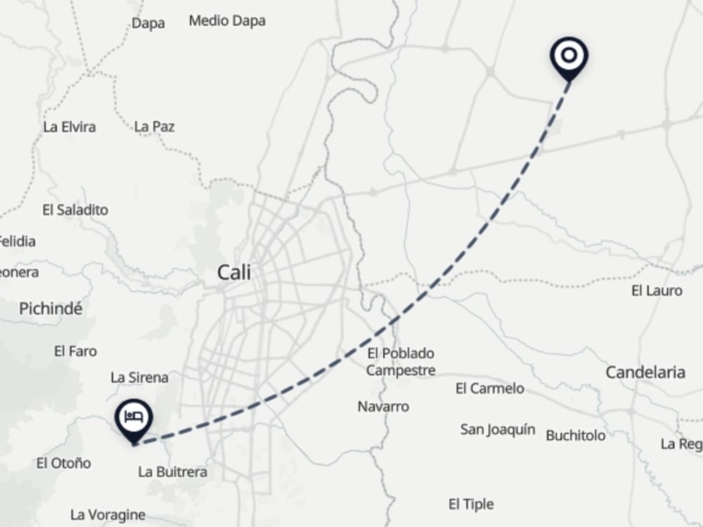 Map showing route from Cali Airport to Villa Martina