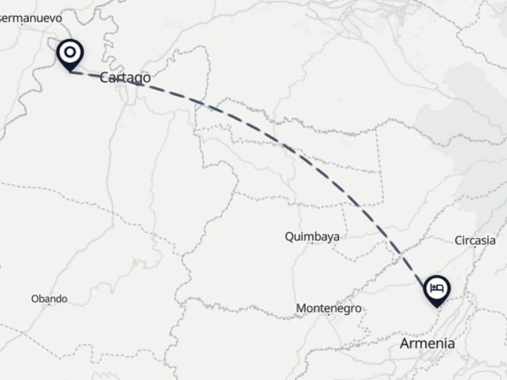 Map showing route from Cartago Airport to Casa Hotel Bremen