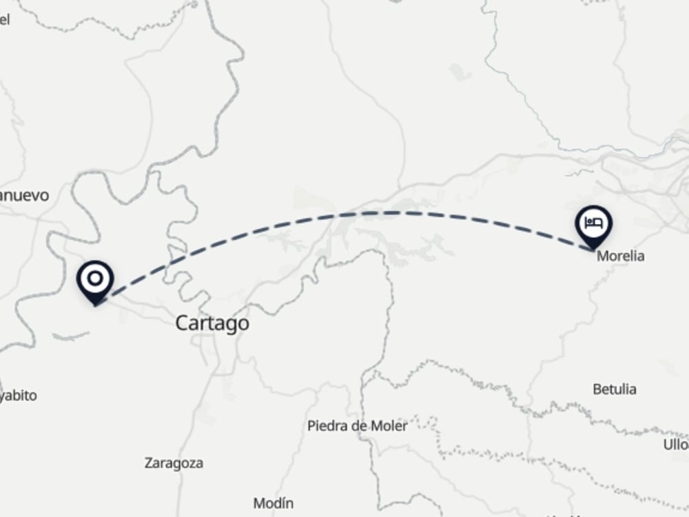 Map showing route from Cartago Airport to CasaMarella