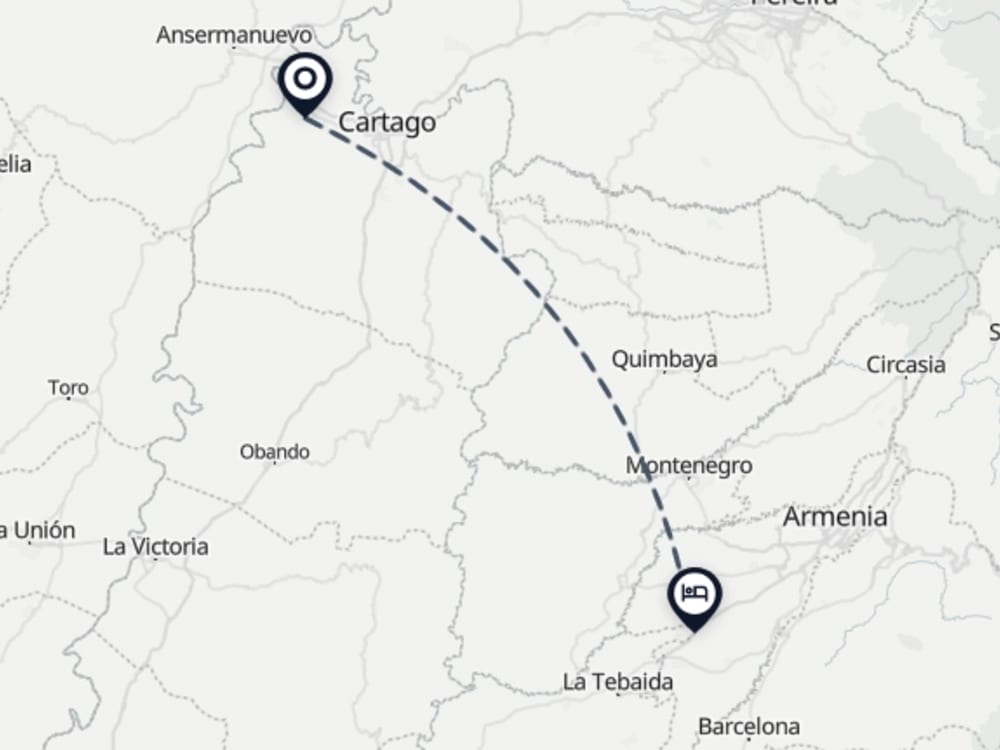 Map showing route from Cartago Airport to Hostal Los Juanes
