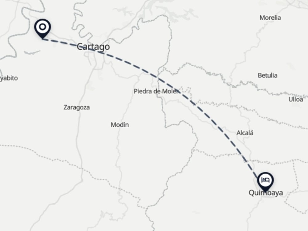 Map showing route from Cartago Airport to Hotel Finca El Rincón