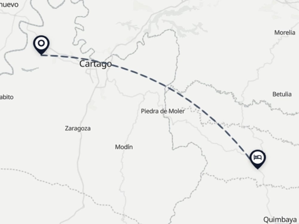 Map showing route from Cartago Airport to La Toscana