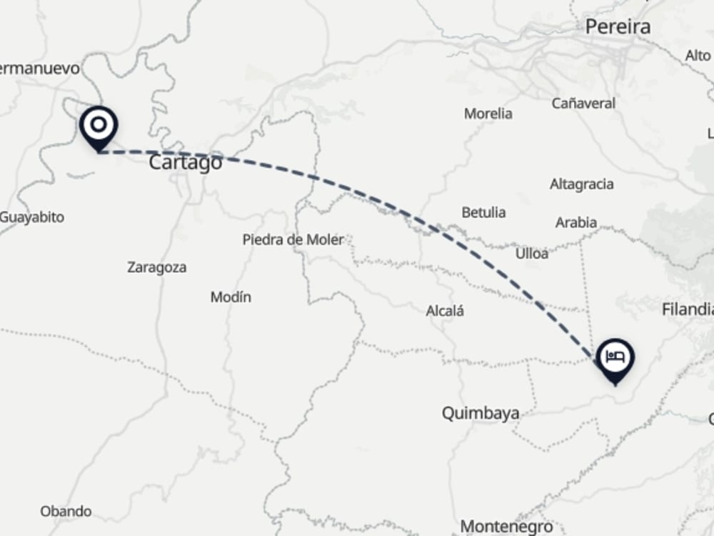 Map showing route from Cartago Airport to Naoak Shelter