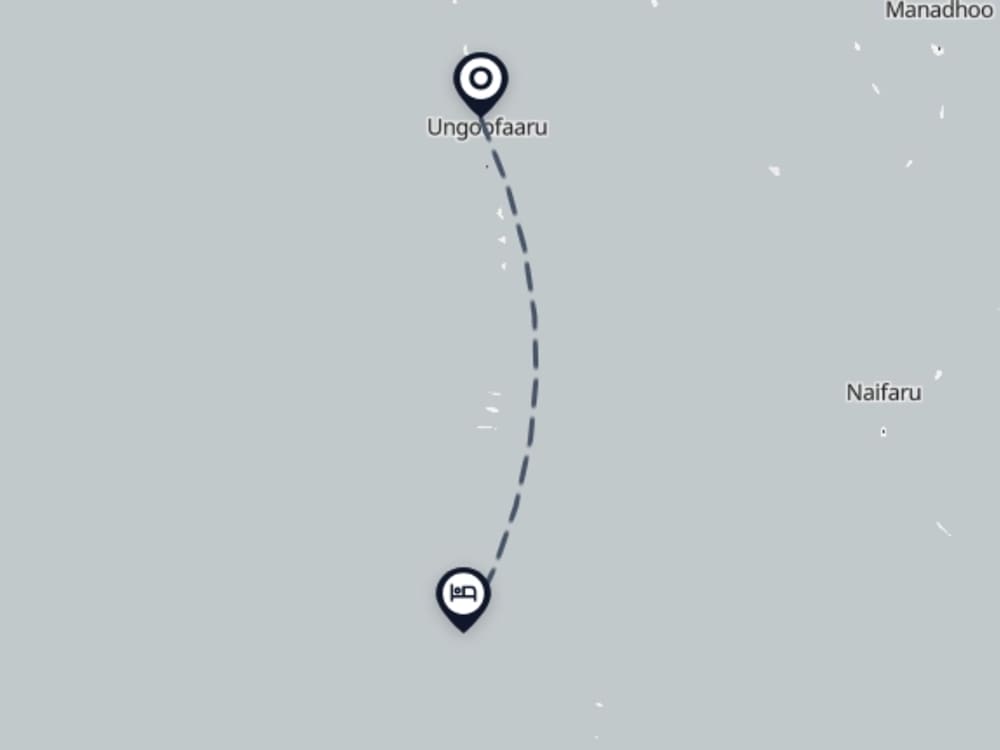 Map showing route from Ifuru Island Airport to Dhoani Maldives Guesthouse